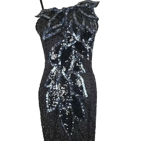 Vintage Black Tie By He-Ro Silk Beaded Sequin Evening Cocktail Dress Size 10 - Picture 2 of 16